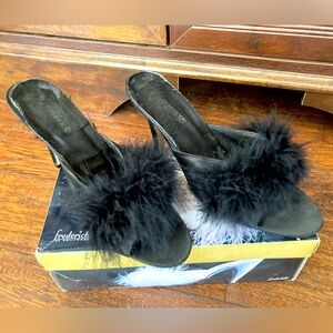 Black Marabou Slippers Frederick’s of Hollywood glamour girl kitten heels sexy